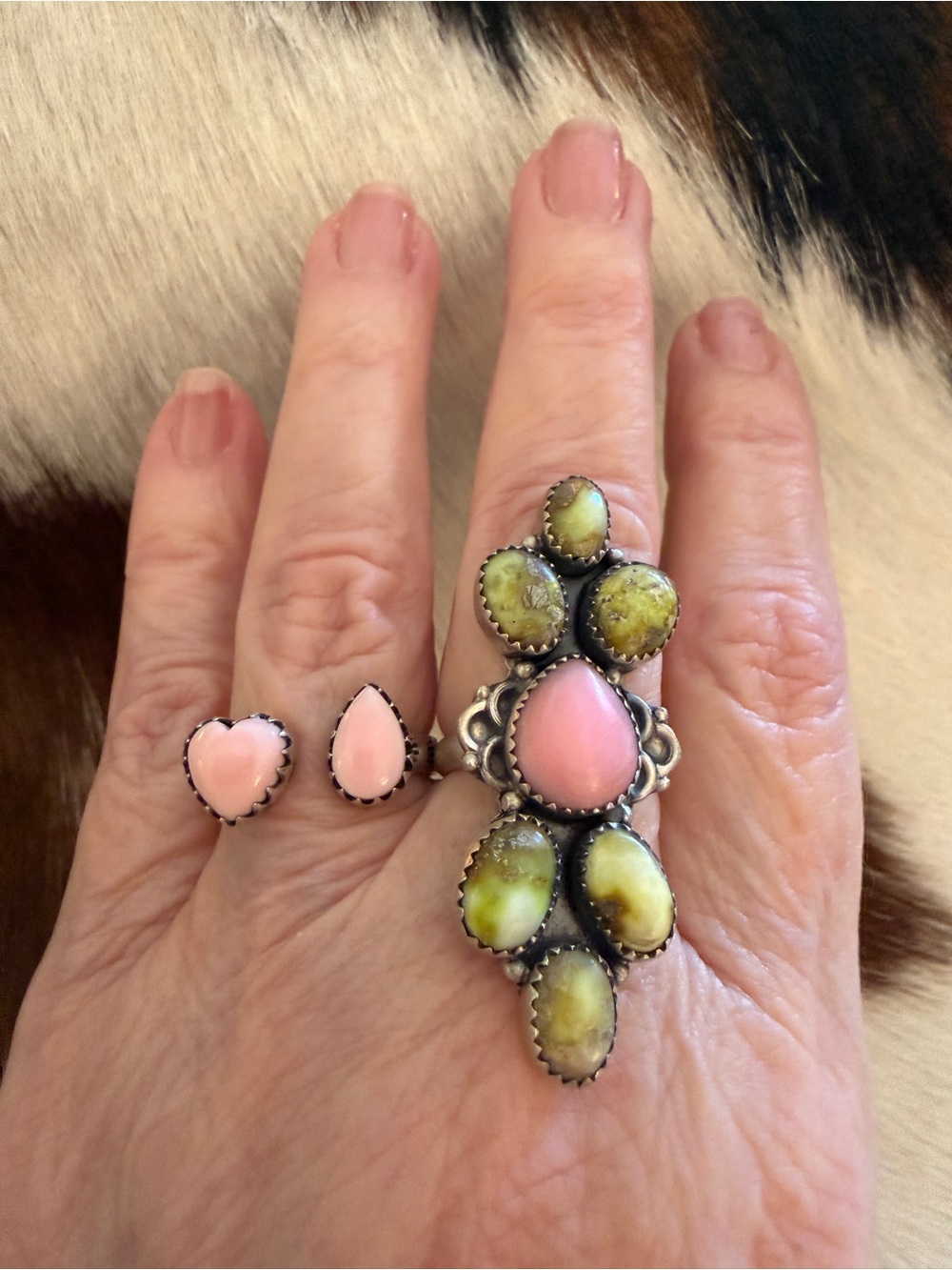 ❤️ Queen Pink Conch Palomino Variscite 925 Navajo Style Crawler Adjustable Ring - Picture 3 of 13